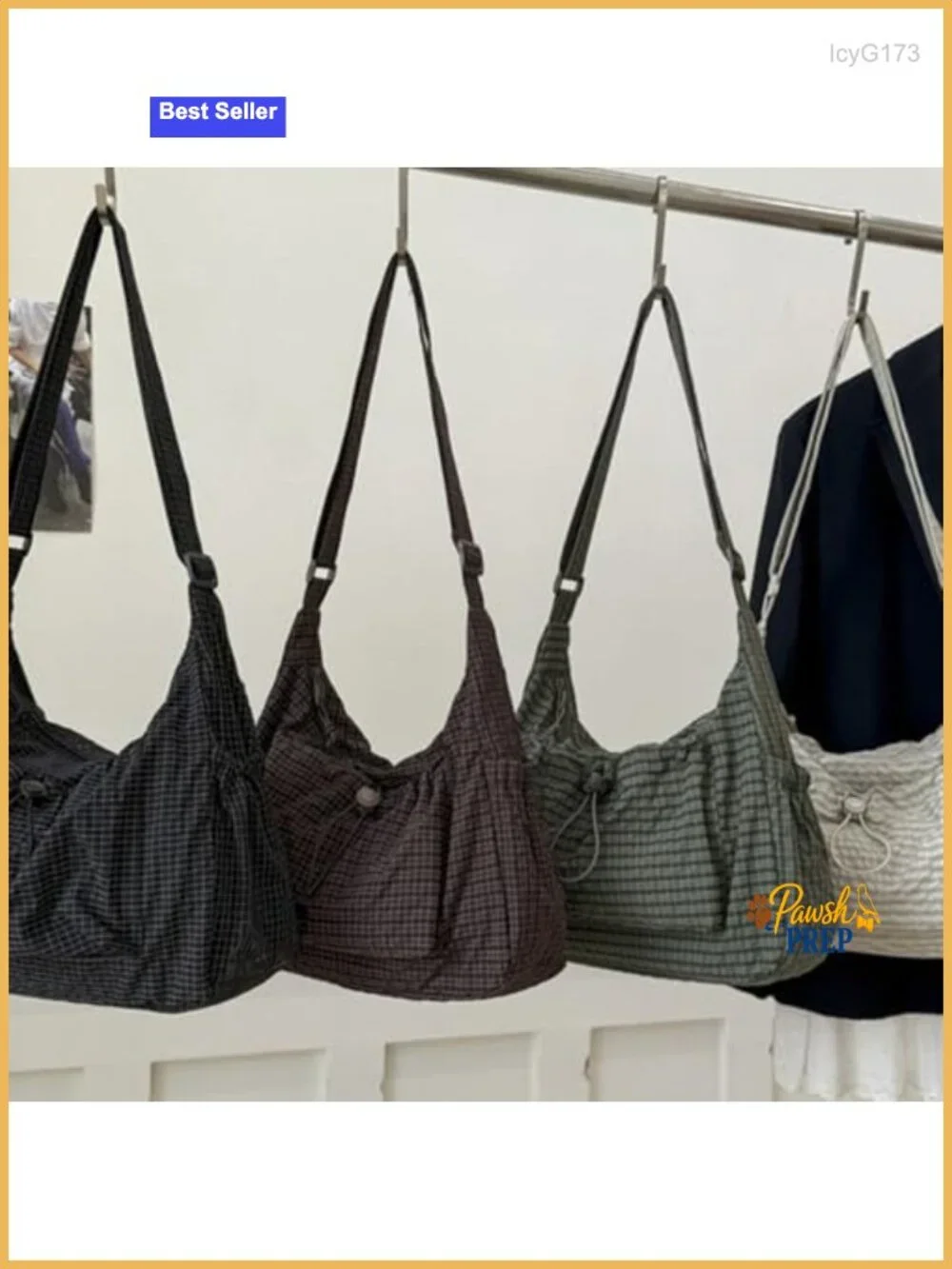 Checkered Nylon Hobo Bag Lightweight Casual Drawstring Crossbody Shoulder